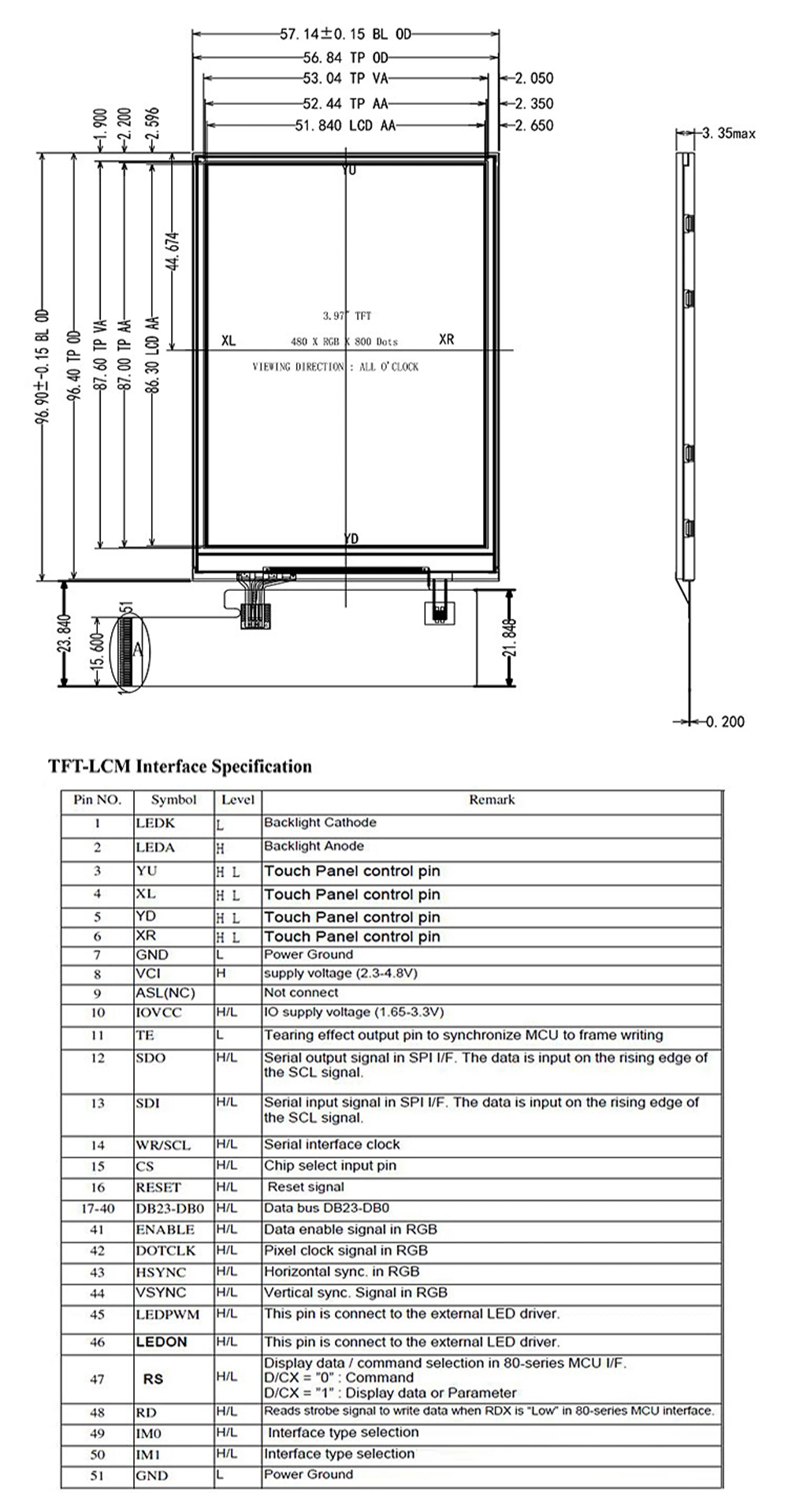 3.97 Inch 480X800 RGB Full View TFT LCD Display Module for Mobile Phone LCD Screen