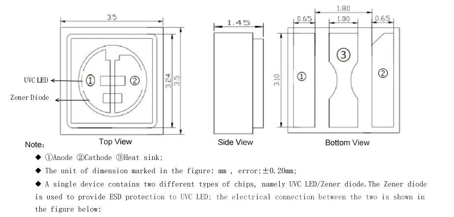 UVC High Efficiency Light 5V 6V UVC LED 0.2W 270nm 275nm UVC LED Module